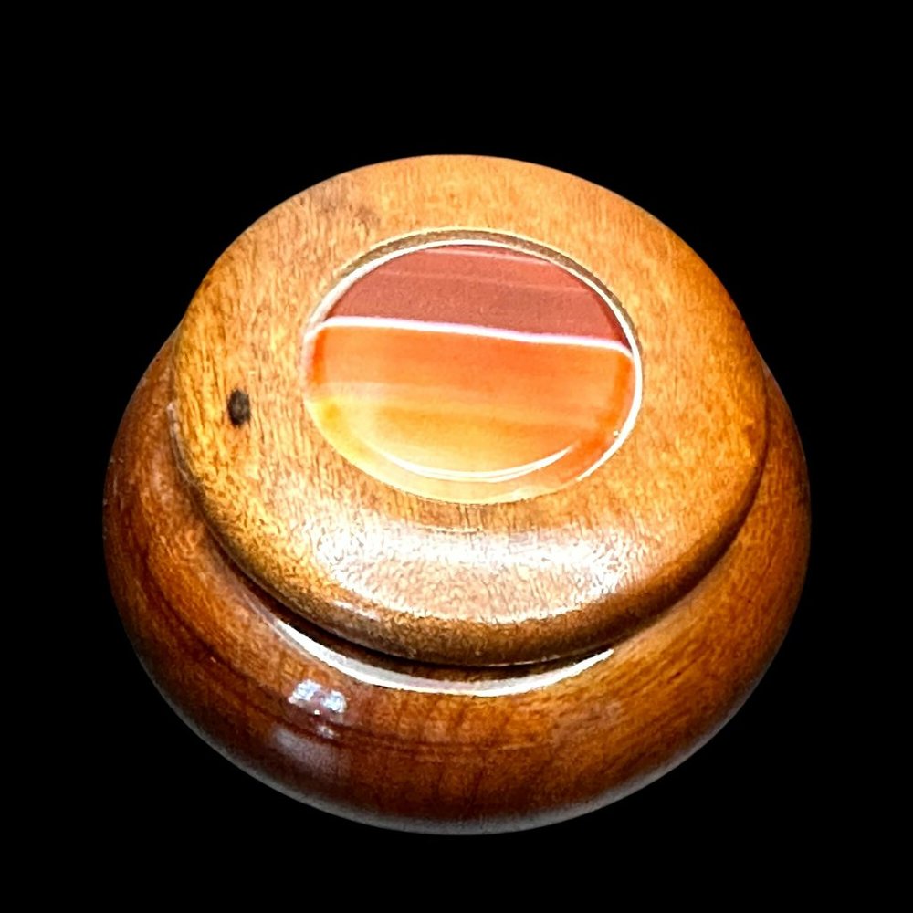 Vintage Wooden Trinket Box with Banded Agate Inlay – Handmade Decorative Storage
